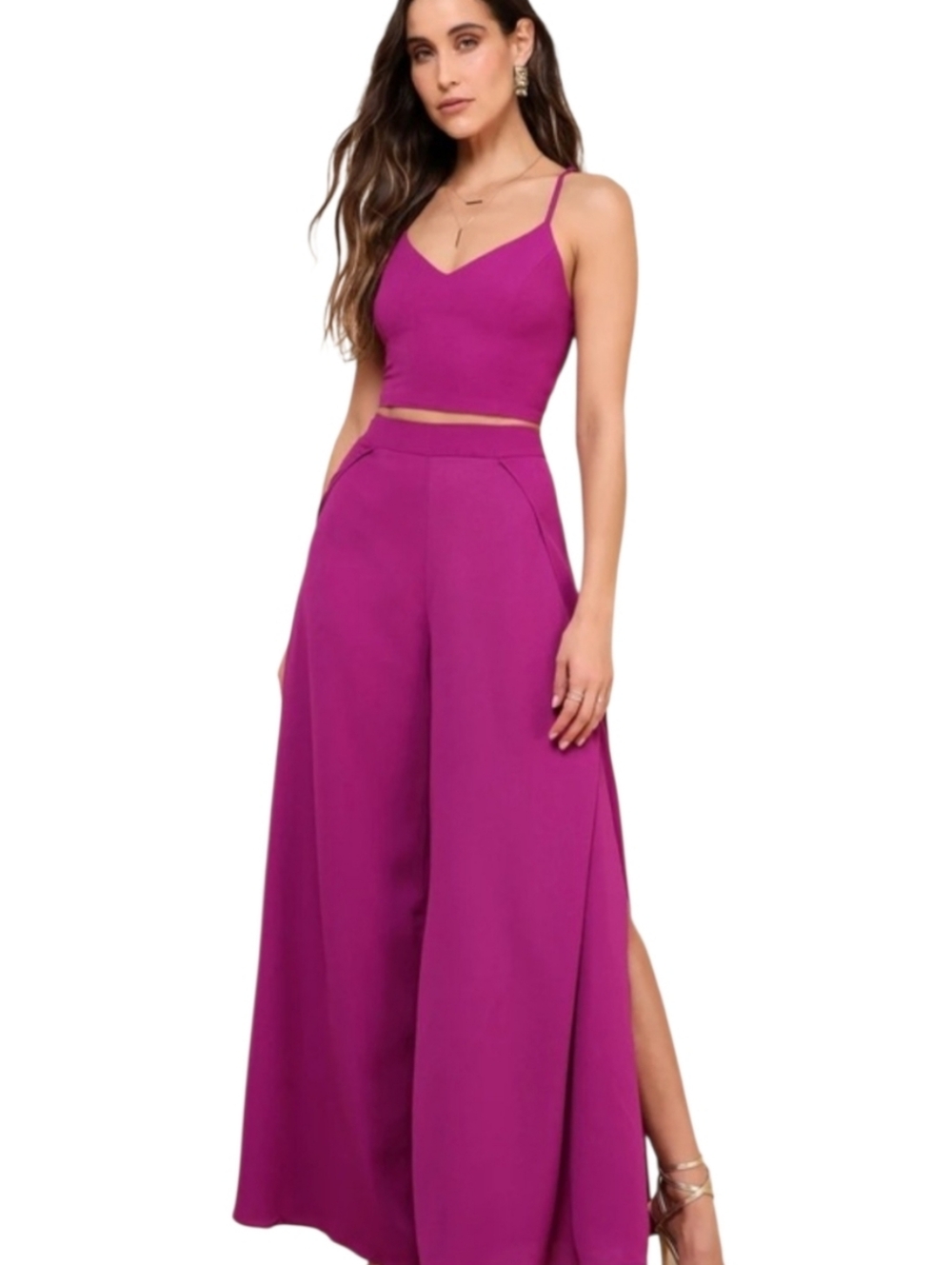 Lulu's Fushia High-Waist Wide Leg Split Pants